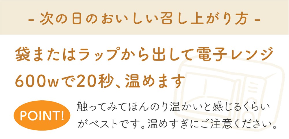 次の日のおいしい召し上がり方 袋またはラップから出して電子レンジ600wで20秒、温めます